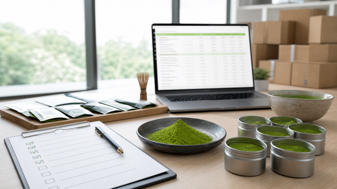 UK matcha supplier selection desk with samples and procurement checklist
