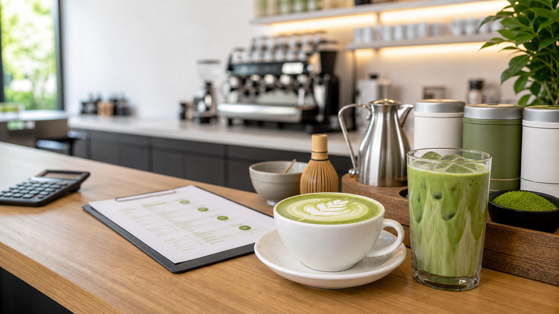 Cafe matcha menu planning with matcha latte samples and trade supplies